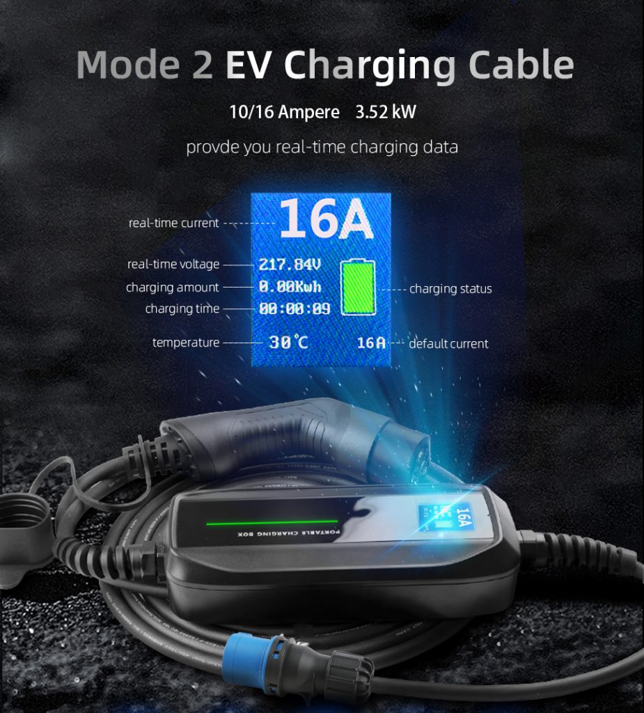 Charge Supply AS - Mode 2 Reiselader / Nødlader for lading av elbil fra industrikontakt (CEE) mot type 1 (SAE 1772) kjøretøy